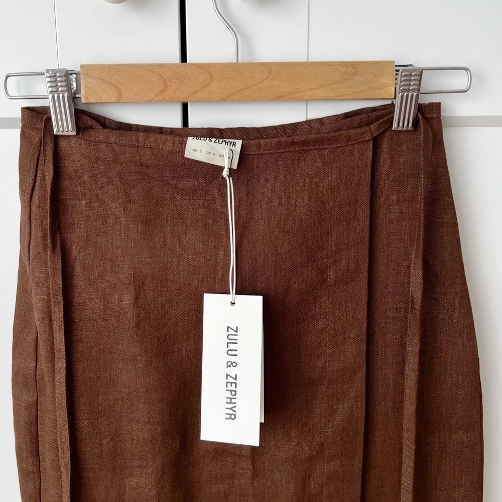 Zulu and Zephyr Chocolate Linen Wrap Skirt sz.US 4 Runs Small - Picture 8 of 12